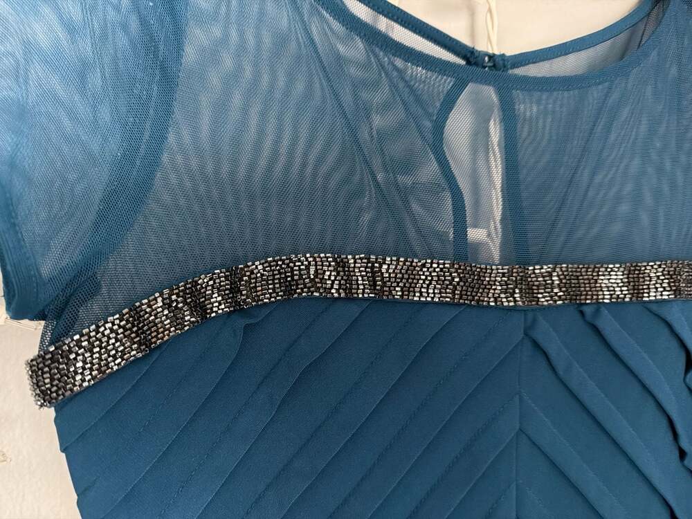 Calvin Klein Teal Mesh Yoke Beaded Chevron Pleated Sheath Dress - Picture 5 of 12